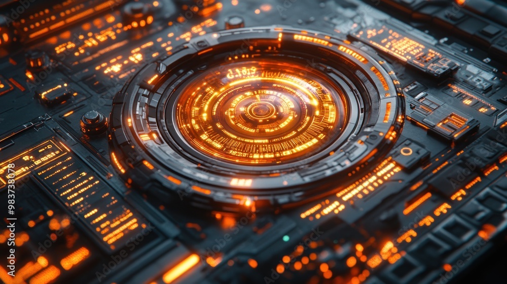Poster futuristic interface with glowing orange elements and circuits.