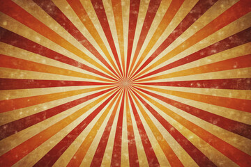 Vibrant retro starburst sunburst background design features spiral radial stripes in a distressed, textured, vintage color palette with warm orange and bold red hues.