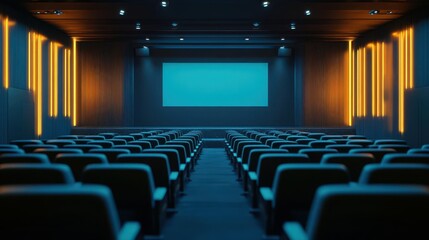 A modern empty cinema interior with rows of seats and a large screen, illuminated by soft, warm lighting.