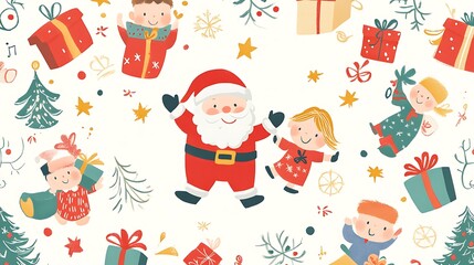 A vibrant, seamless pattern featuring Santa Claus, boys and girls with gifts, set against a festive background