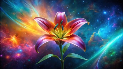 Unique and vibrant alien flower lily in a cosmic setting, extraterrestrial, floral, otherworldly, exotic, mysterious