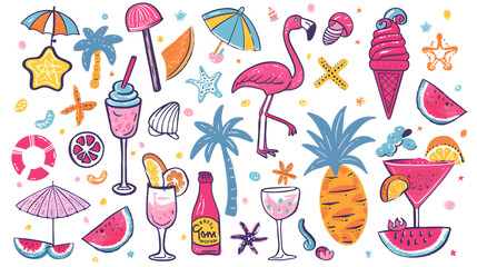 Summer Beach Doodle Elements - Fun Hand Drawn Set for Tropical Designs and Decorations , Transparent Background