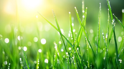 Fototapeta premium Dew drops glisten on blades of green grass in the morning sun.