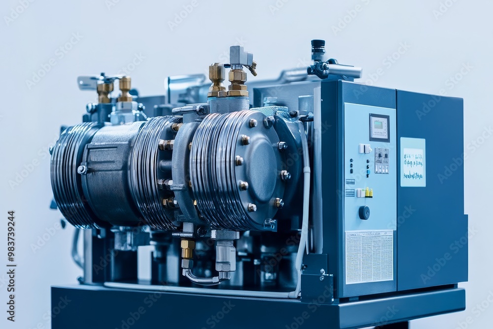 Poster industrial compressor machinery: powerful and efficient, showcasing a close-up view of a robust comp