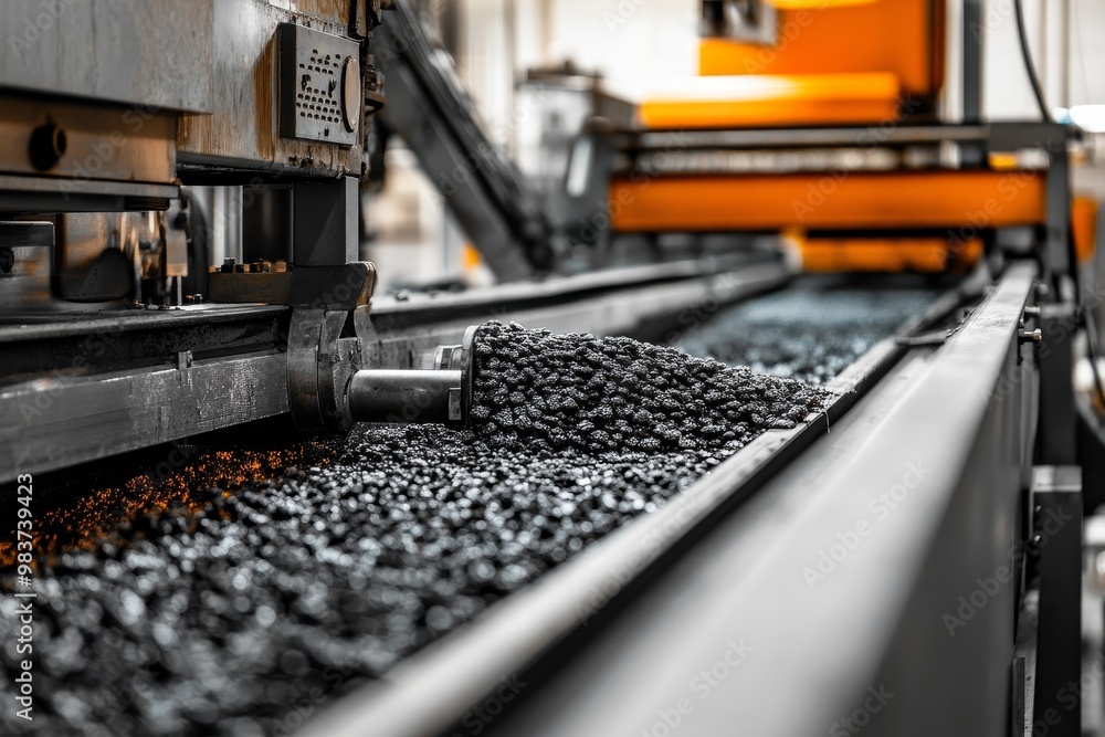Poster industrial conveyor belt machine sorting gravel, demonstrating the process of sorting and distributi