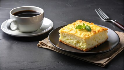 Appetizing breakfast of cottage cheese casserole and black coffee on a black plate