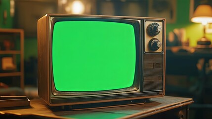 Vintage Television with Green Screen Display on Wooden Table