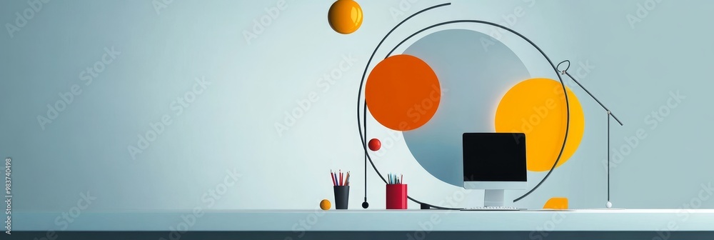 Poster modern workspace with geometric shapes, desktop computer, and minimalist decor. represents workflow 