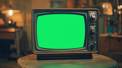 Vintage Television with Green Screen in a Retro Setting