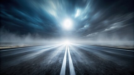 Abstract rendering of a dark and blurry outdoor background with misty light on an asphalt road at high speed , night
