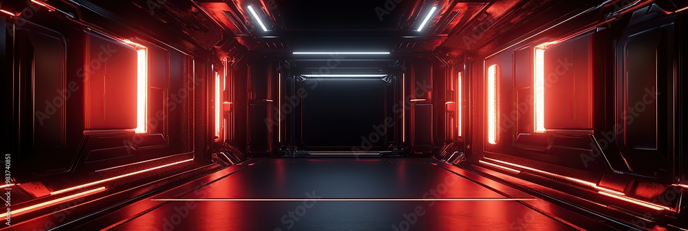 Poster 3d rendering of a black and red sci-fi background with an empty square room in the center