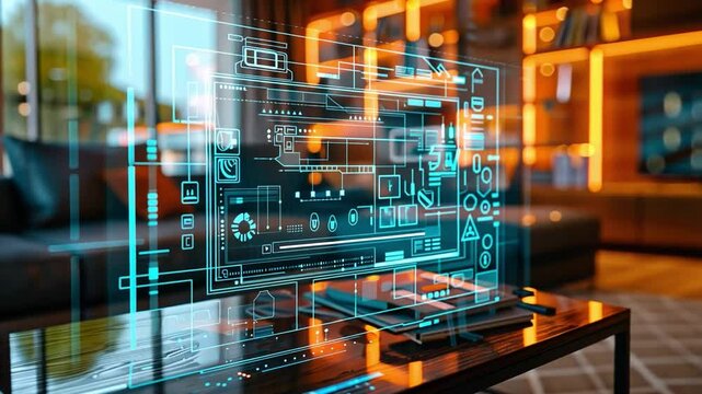 An advanced holographic interface is showcased on a sleek wooden table in a contemporary living room filled with warm lighting, showcasing a blend of technology and comfort.