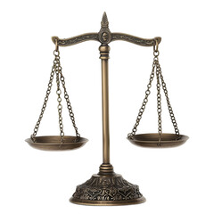 Vintage gold balance scale measure or law justice symbol Lawyers on white and transparent background. PNG cutout.