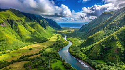 Fototapeta premium Aerial view of lush green Halawa Valley on Molokai, Hawaii, landscape, aerial, valley, trees, nature, scenic, mountains