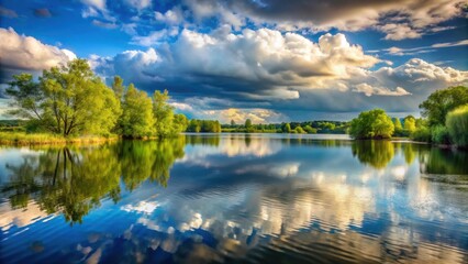 Obraz premium Tranquil lake scene with looming clouds and trees on shoreline, capturing calm beauty of nature, Tranquil, Lake, Scene, Looming