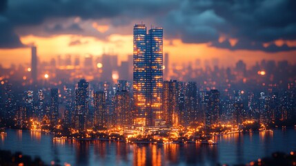 Fototapeta premium A vibrant city skyline at dusk with illuminated buildings and water.