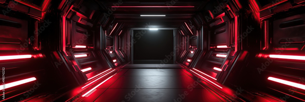 Poster 3d rendering of a black and red sci-fi background with an empty square room in the center