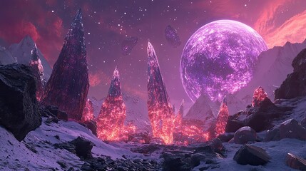 Fototapeta premium A purple planet illuminates a crystalline mountain range under a star-filled sky.
