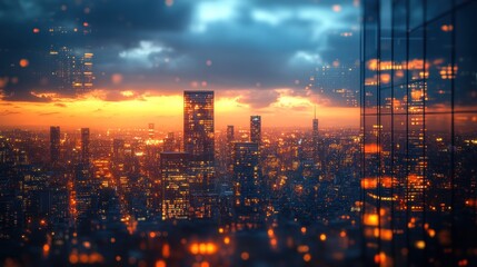 Fototapeta premium Urban skyline at sunset with glowing lights and reflections.