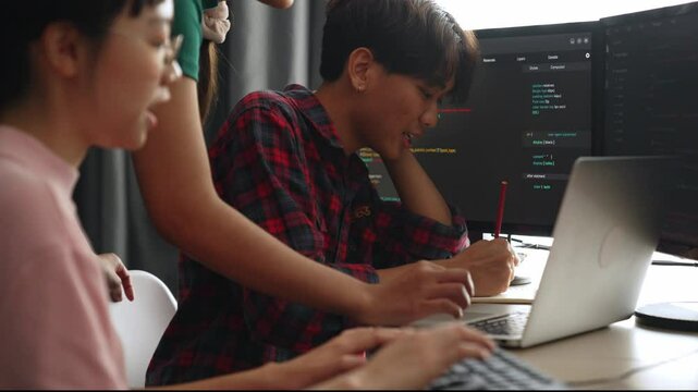 Slow motion back end software developer engineer for computer programming working together on debugging writing computing code, solving complex algorithms display on monitor in office. Burgeoning
