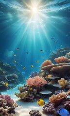 Obraz premium A calm underwater scene with soft rays of sunlight filtering through the water, illuminating coral reefs and fish, creating a serene and tranquil mobile wallpaper