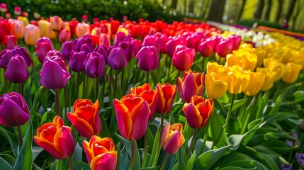 Colorful tulips blooming in Keukenhof park in Netherlands