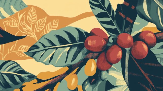 Naklejki Colorful Coffee Plant Illustration with Leaves and Berries