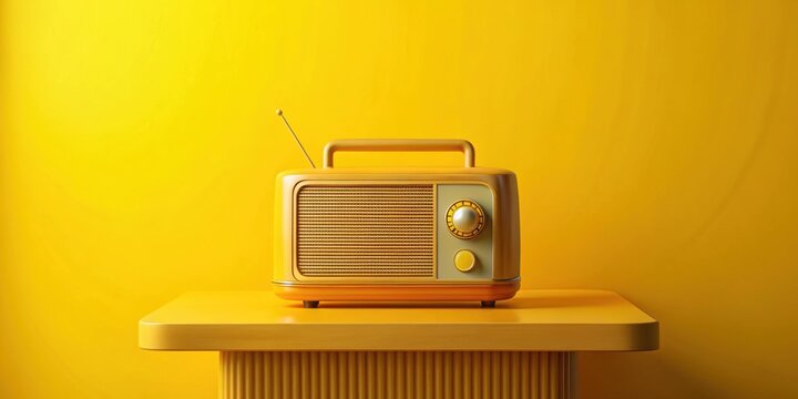 Vibrant podium with vintage radio on yellow backdrop for giveaway promotion, promotional, round, podium, giveaway, vintage