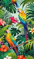 Fototapeta premium A vibrant tropical jungle scene with large green leaves, exotic flowers, and colorful parrots perched on branches, creating an energetic nature-inspired mobile wallpaper.