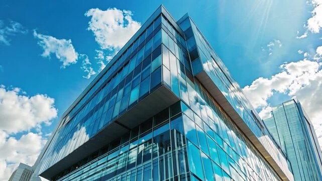 A contemporary structure with large glass windows reflects the blue sky and white clouds, showcasing its sleek design in a bustling city.