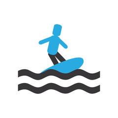 Simple Blue Icon of Person Surfing on Waves. blue icon depicting a person surfing on stylized waves, conveying adventure and ocean activity. Ideal for digital use in sports or travel themes.