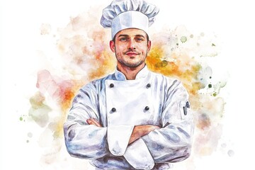 Watercolor illustration of a confident chef with crossed arms, wearing a white chef hat and uniform, set against a colorful watercolor background, symbolizing culinary passion, expertise, and professi