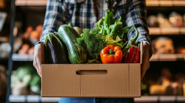 Person holding a cardboard box filled with fresh bell peppers and cucumbers in a grocery store.