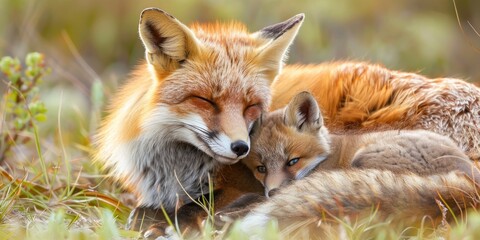 Charming young fox cuddles with its mother on lush grass during springtime, showcasing a delightful wildlife family in their natural setting as the little creature leans against its caring guardian.