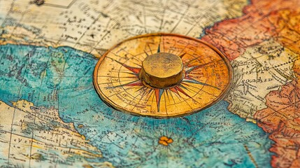 Close-up of an Antique Compass on a Vintage World Map