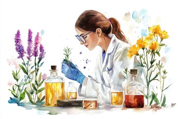 Watercolor illustration of an environmental scientist studying herbs, surrounded by various plants and essential oils. The scientist is meticulously examining a sprig of lavender, highlighting the imp