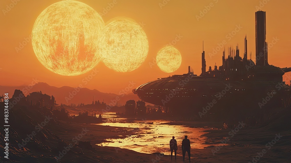 Poster two figures standing on a desolate planet with a futuristic city and triple suns in the background