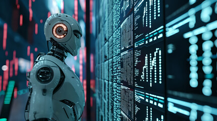 Futuristic Robot Analyzing Data in Cyber Environment
