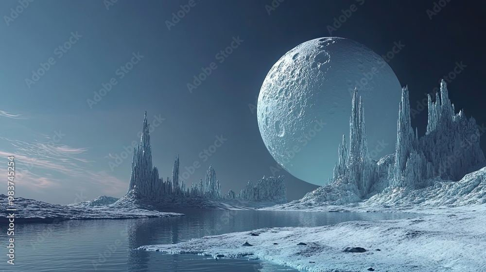 Poster a futuristic landscape with a large moon and frozen structures
