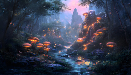 Fototapeta premium A mystical forest with glowing mushrooms, winding rivers, and floating islands, creating a magical and otherworldly feel
