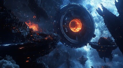 Futuristic Space Station with Glowing Core and Destroyed Outpost