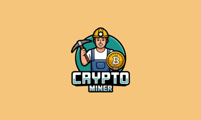 Crypto miner logo with pickaxe and Bitcoin coin