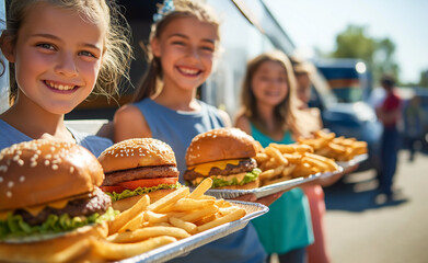 Smiling children holding plates with burgers and fries at an outdoor gathering.
