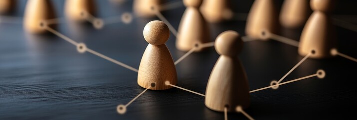 Wooden figures connected by lines symbolizing a network, collaboration, community, connection, and teamwork.