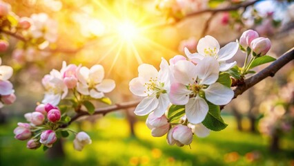 Fototapeta premium Close up of a apple blossom in a beautiful orchard with sunlight shining through the petals, apple blossom, orchard, sunlight