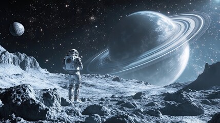 Obraz premium Astronaut Contemplating a Ringed Planet in a Starry Sky
