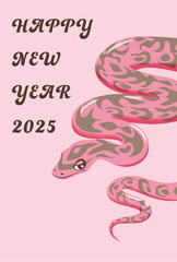 2025年巳年年賀状　おしゃれなピンク色の蛇　はがきサイズ縦型