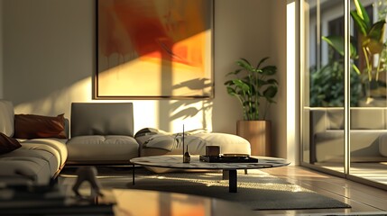 Sleek and elegant contemporary living room featuring minimalist decor and contemporary art, captured in realistic HD