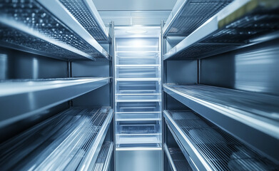 Obraz premium Empty commercial freezer with clean shelves and bright lighting.
