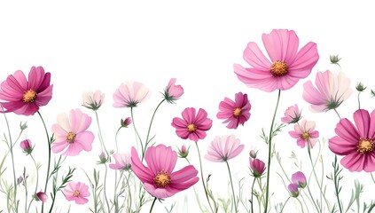 Beautiful pink cosmos flowers with a watercolor painting effect on a white background, 